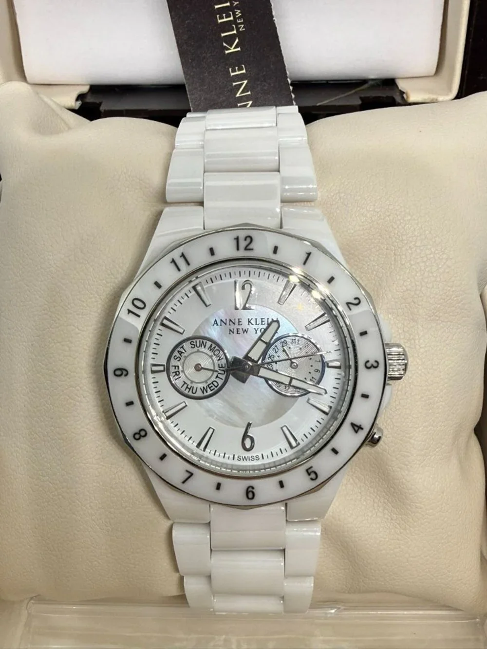 Anne Klein 12/1979WMWB Women's 40mm White Ceramic MOP Dial Swiss Quartz Watch